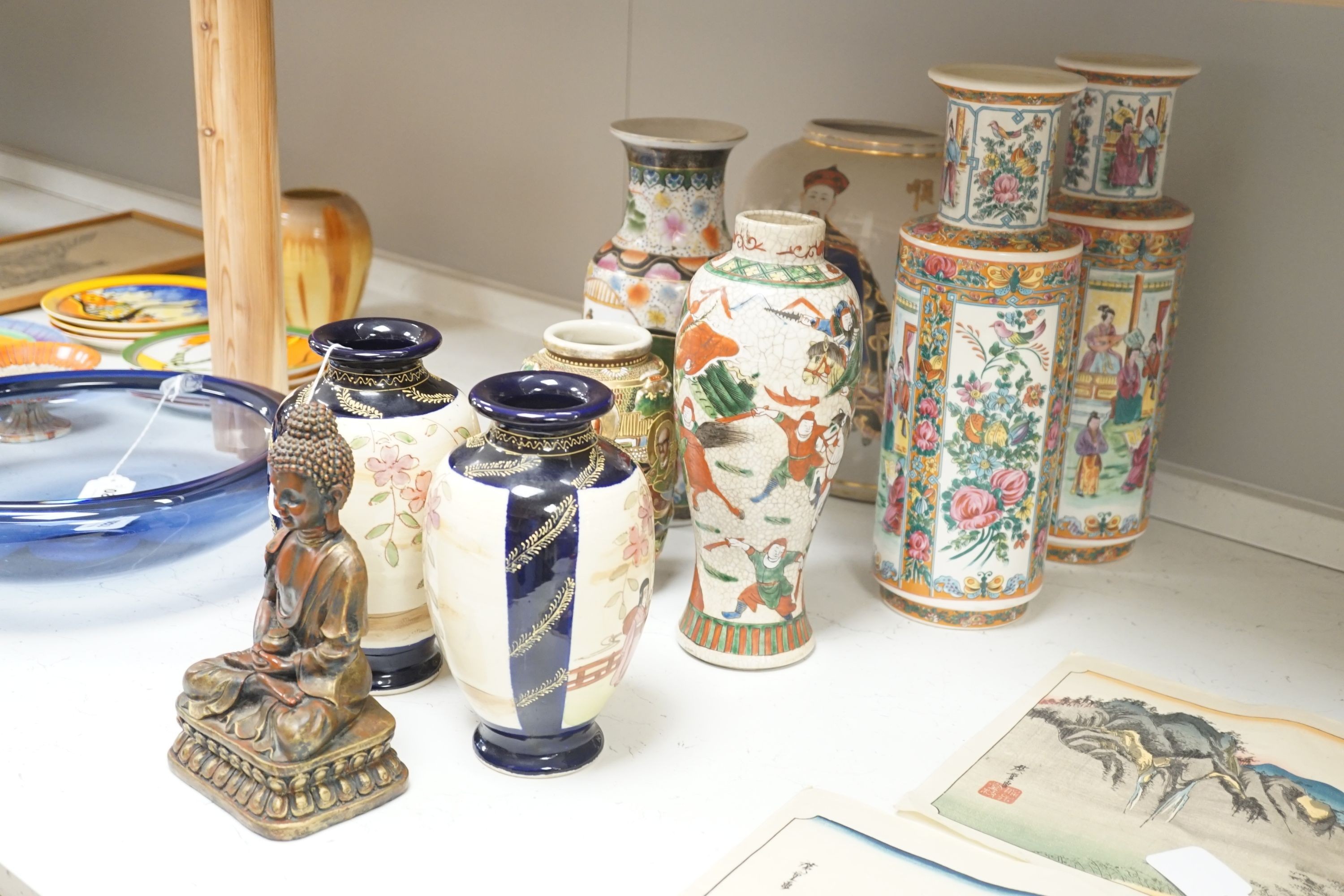 Five Chinese porcelain vases, and three Japanese vases and a resin model of a Buddha, tallest 37cm